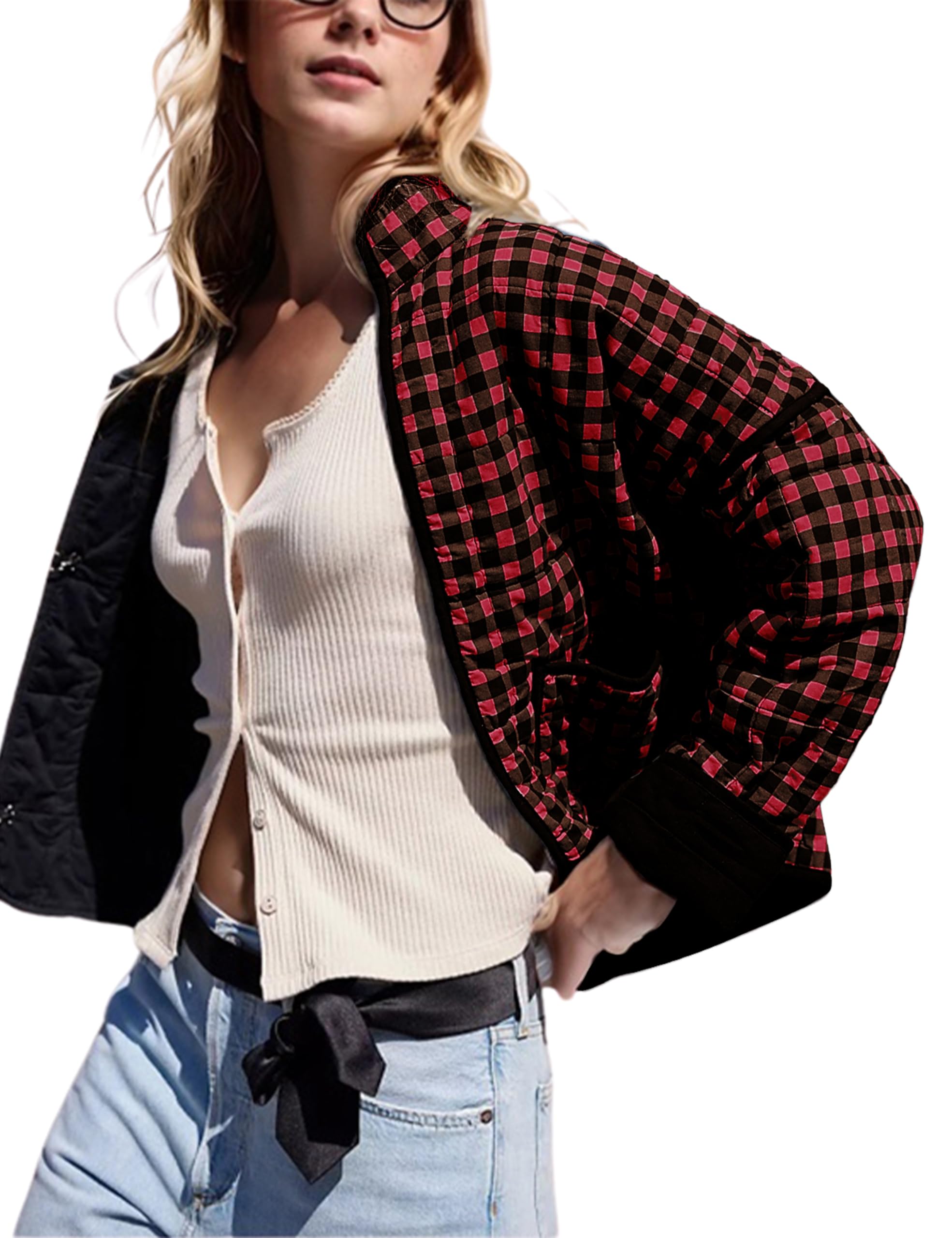 Jaqueta Feminina Omoone, Cortada, Acolchoada, Acolchoada, Vermelha, Preta, Xs