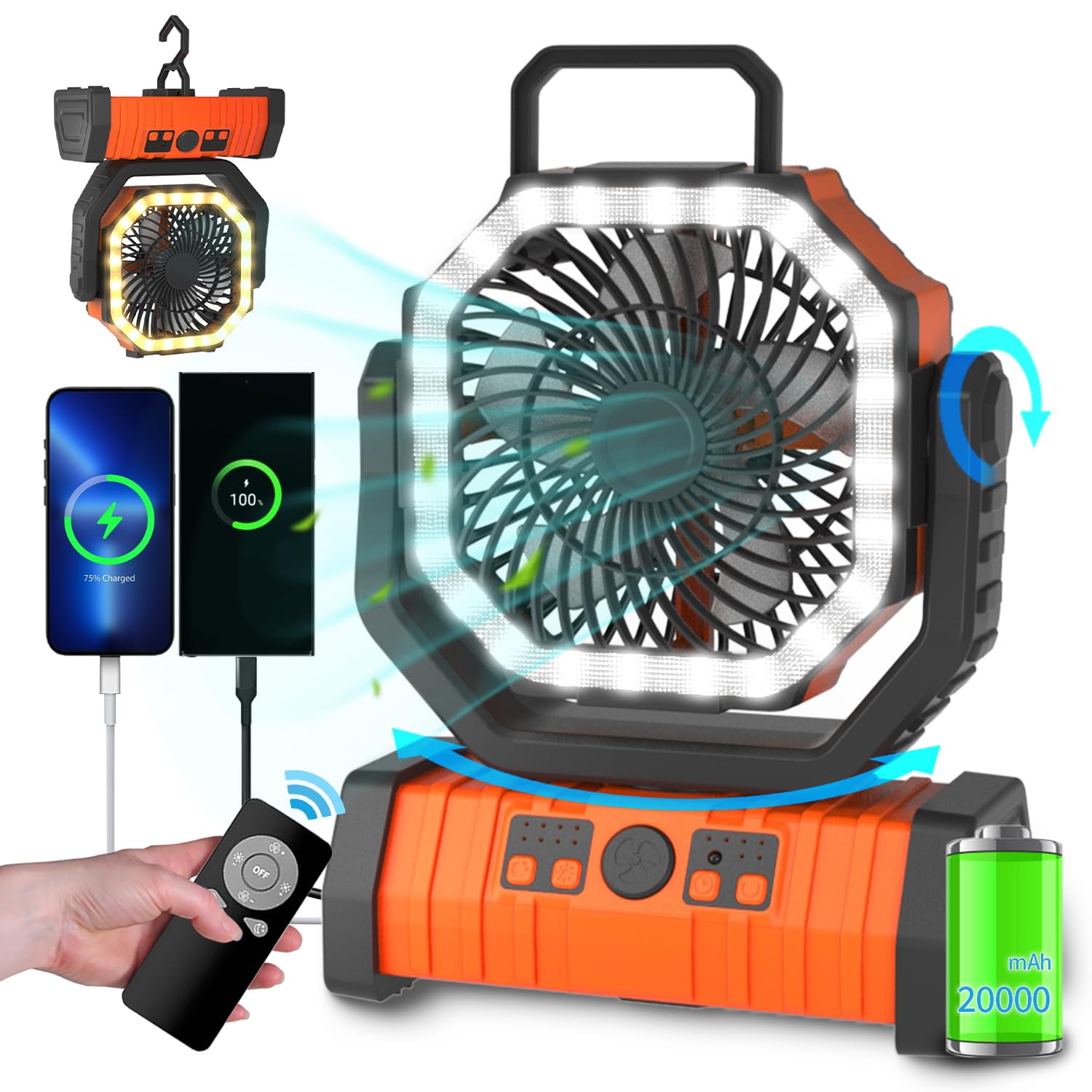 Ventilador De Acampamento Adust 20000mah Recarregável Com Lanterna Led Laranja