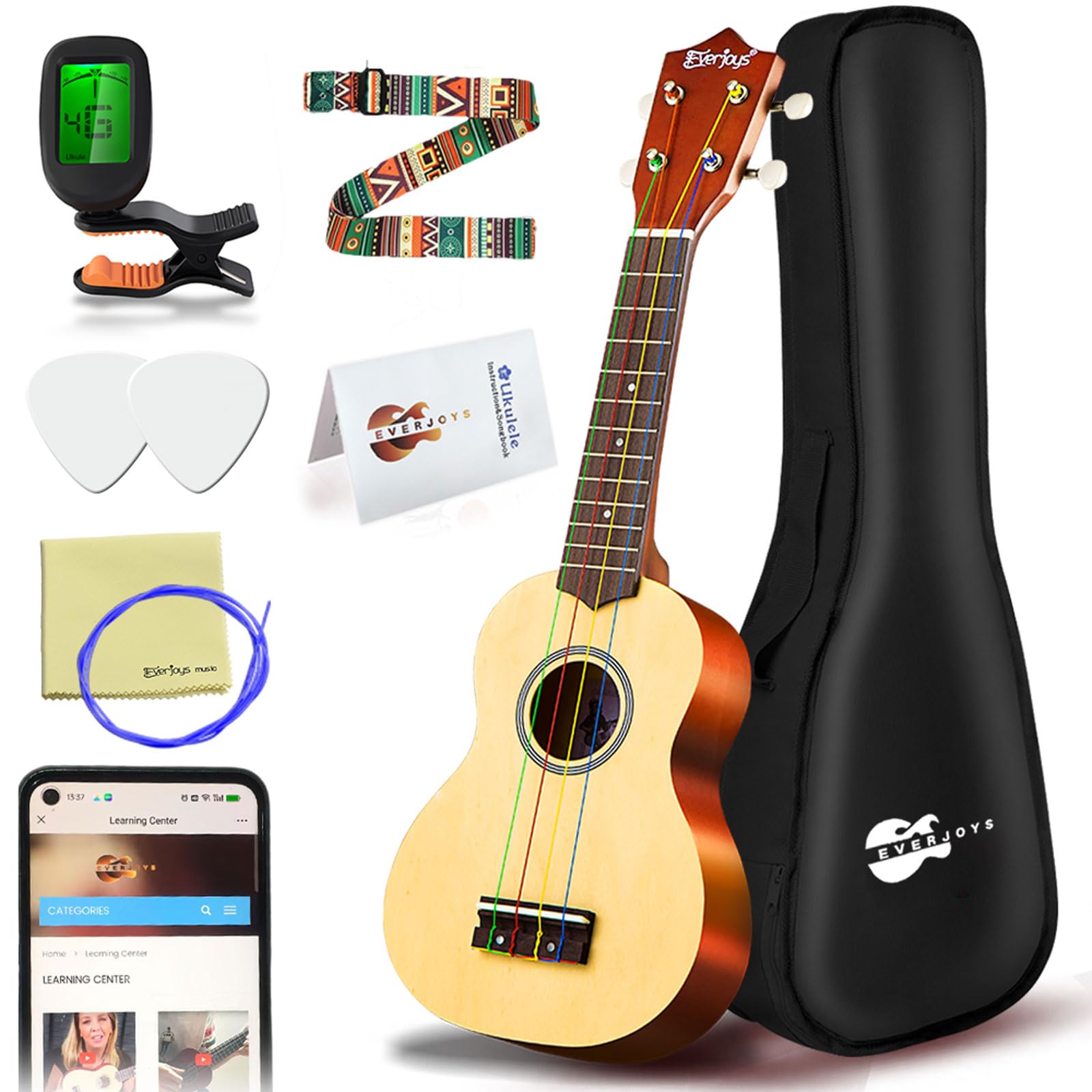 Pacote Para Iniciantes Ukulele Everjoys Soprano De 21 Polegadas Com Cordas Arco-íris
