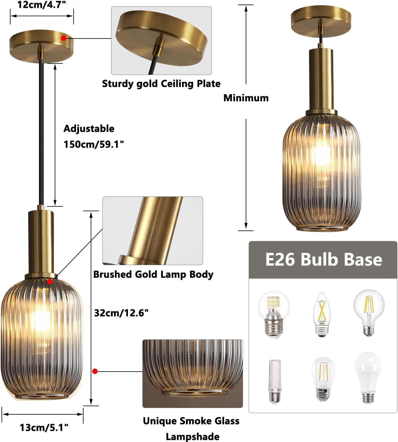 Luminária Pendente Kco Lighting Mini Smoke Glass Brushed Gold