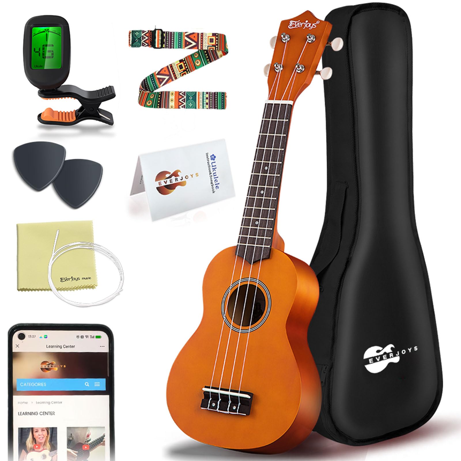 Ukulele Everjoys Soprano De 21 Polegadas Com Sintonizador Lesson Gig Bag