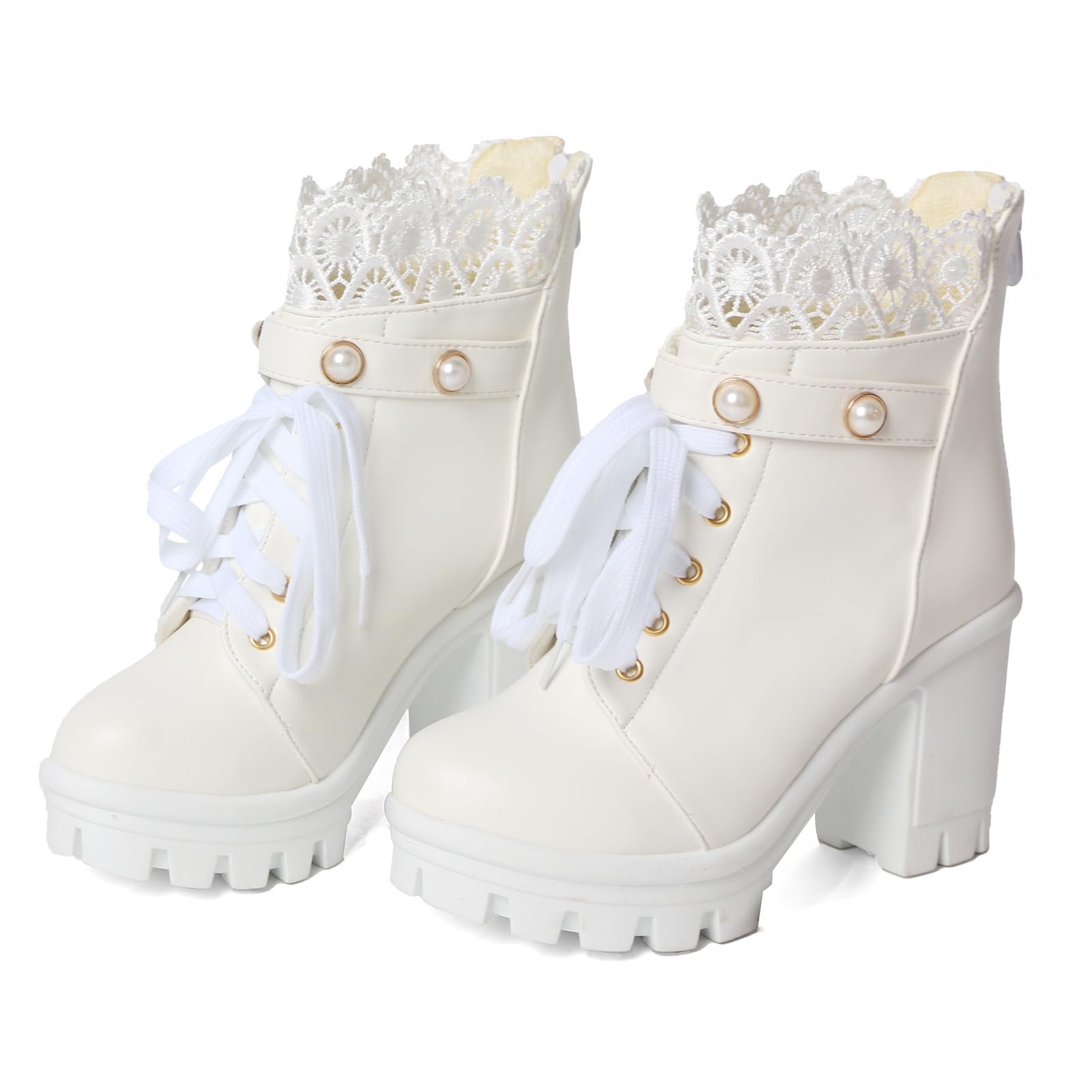 Botas De Plataforma Foreada White Combat Chunky Heel Boot Para Mulheres