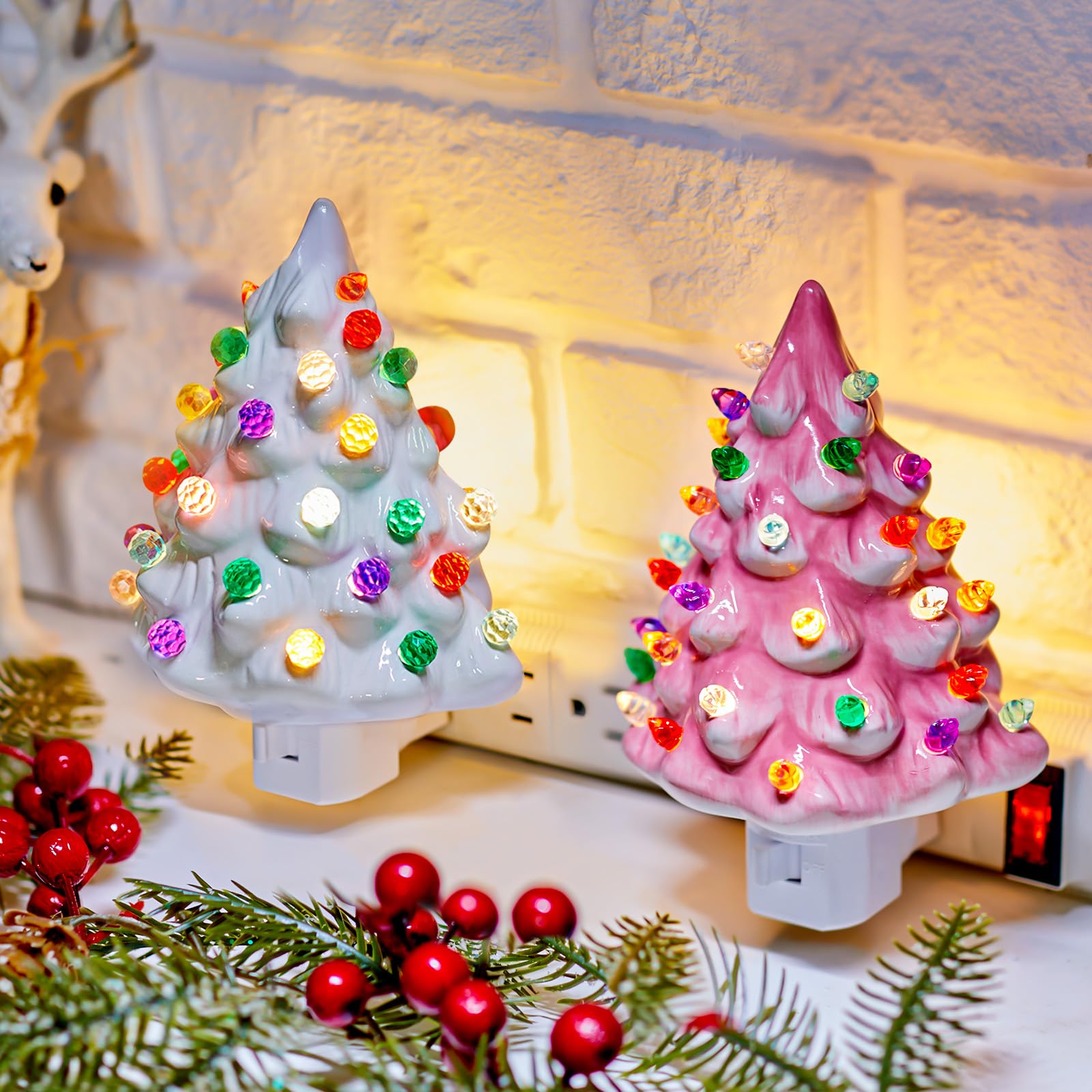 Ceramic Christmas Tree Night Light Brightown, 6 Polegadas, Pacote Com 2