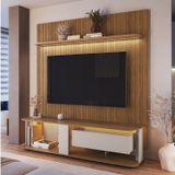 Rack Com Painel Para Tv Até 75 Polegadas Com Led Impressão Ripada 3d Pinho/arenas/mel