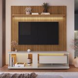 Rack Com Painel Para Tv Até 75 Polegadas Com Led Impressão Ripada 3d Pinho/arenas