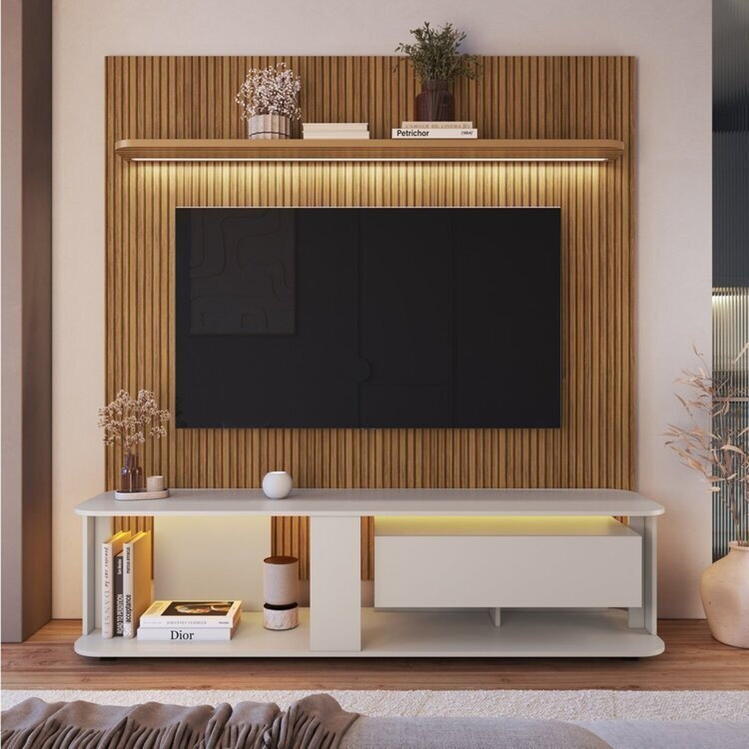 Rack Com Painel Ripado Para Tv Até 75 Polegadas Com Led Impressão Ripada 3d Pinho/arenas