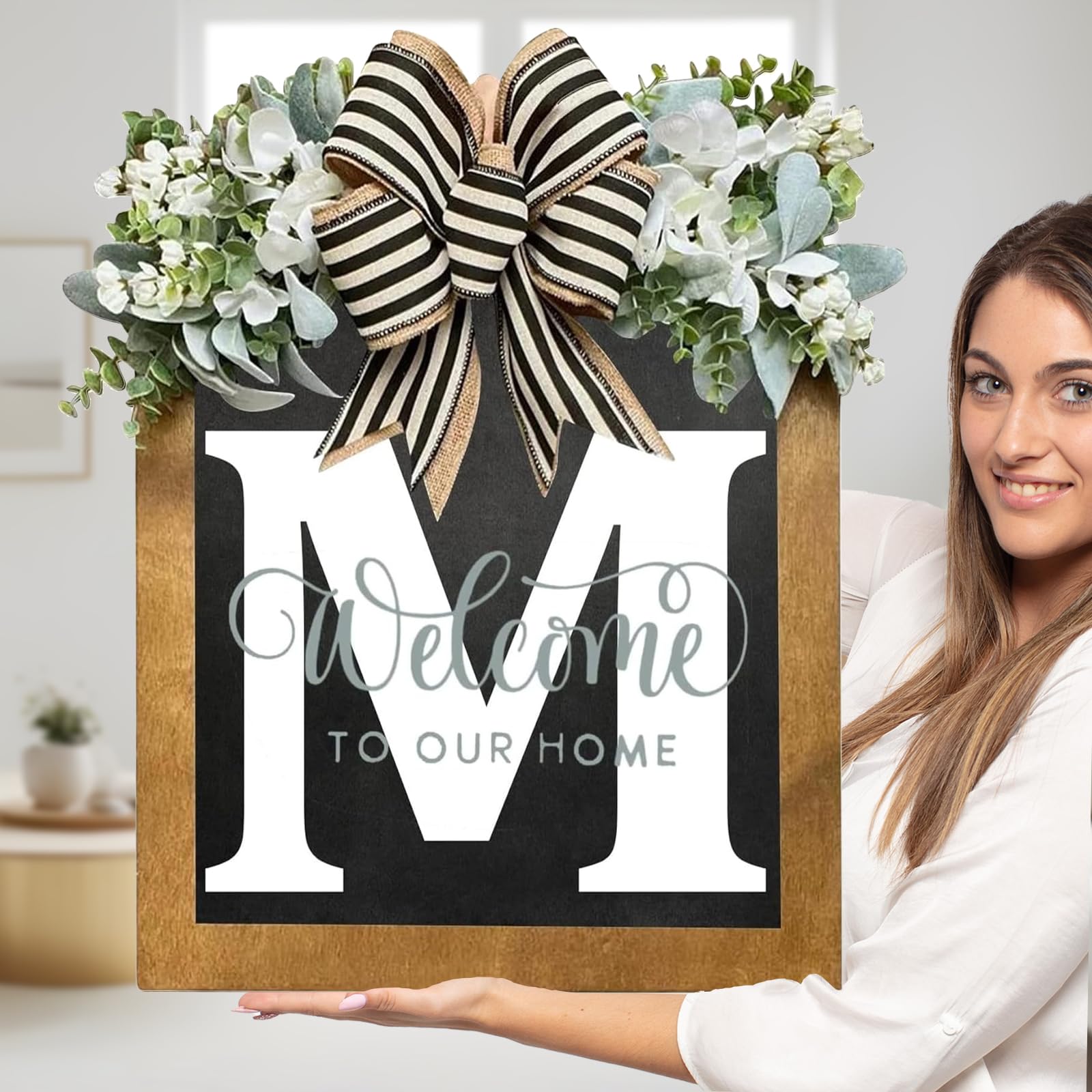 Sobrenome Do Sinal De Boas-vindas Para Porta Frontal 35x30cm Com Coroas