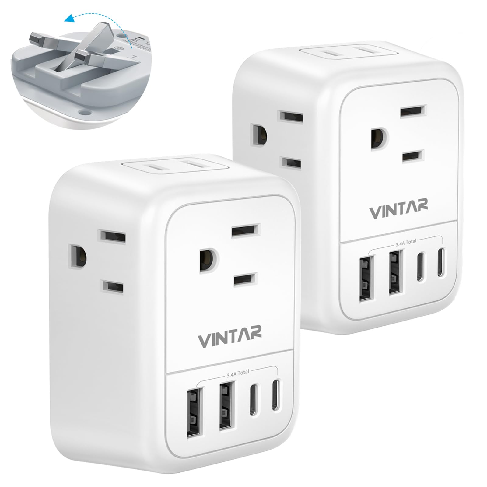 Adaptador De Tomada De Viagem Vintar Uk Tipo G 8 Em 1 Com 4 Tomadas 4 Usb