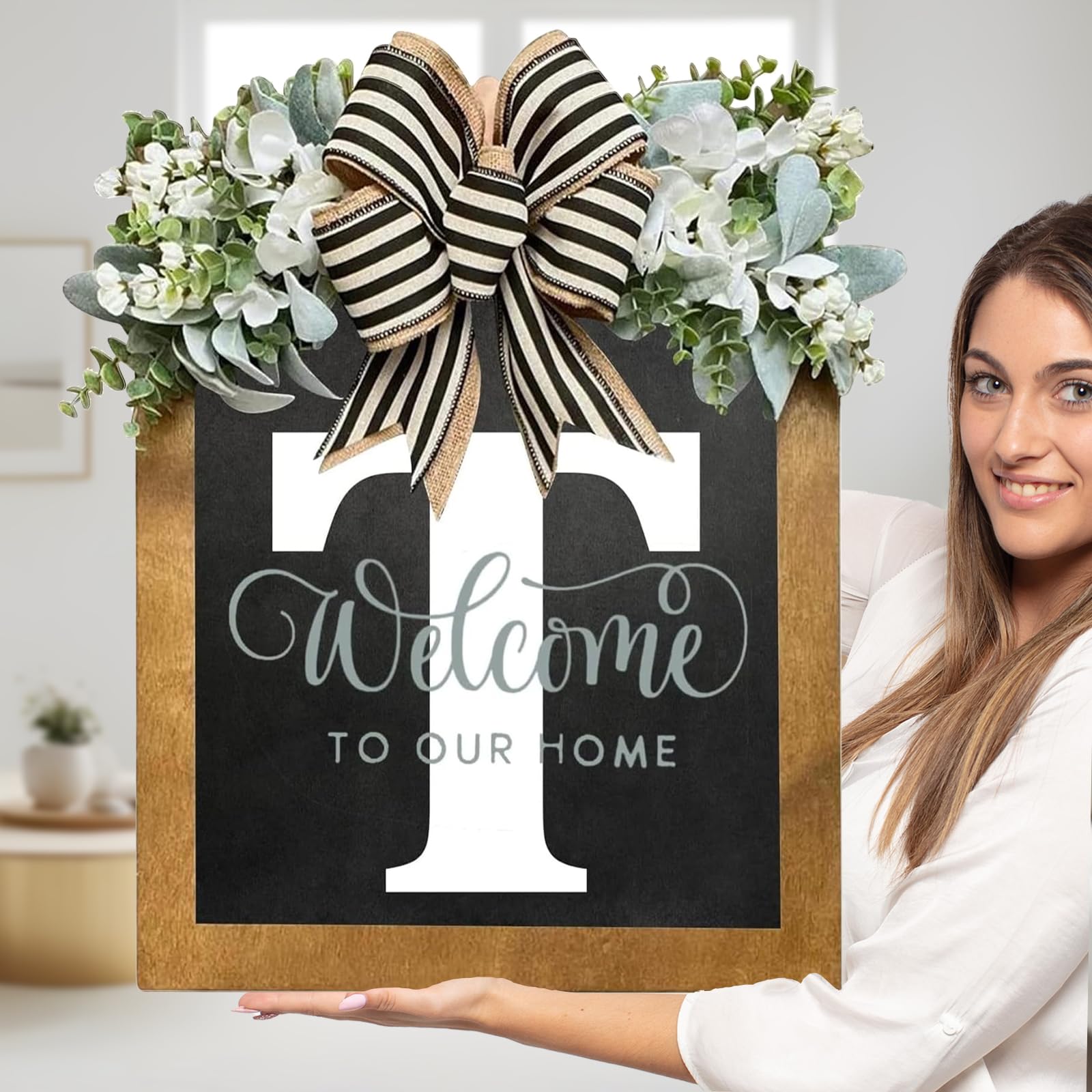 Sobrenome Do Sinal De Boas-vindas Para Porta Frontal 35x30cm Com Coroas