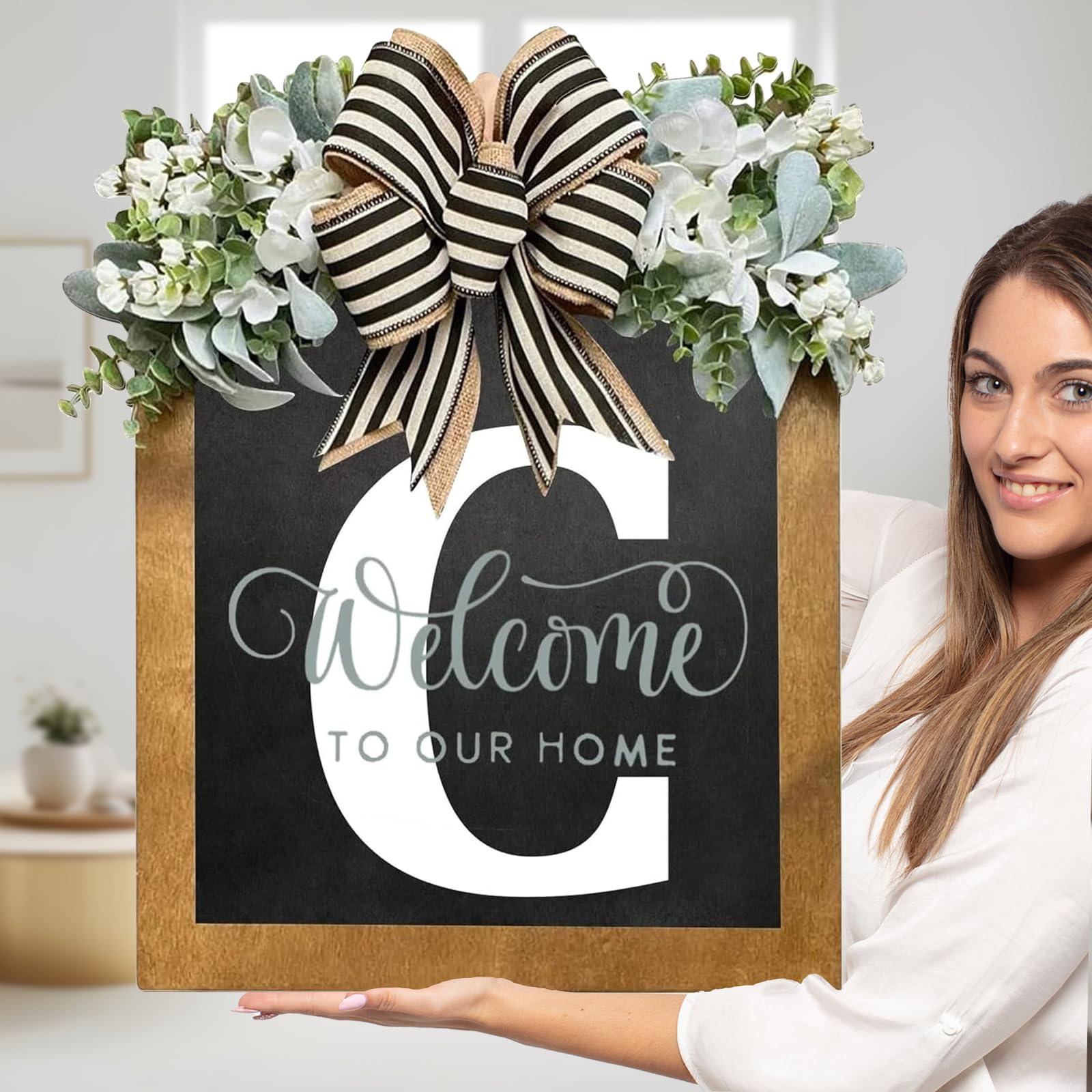 Sobrenome Do Sinal De Boas-vindas Para Porta Frontal 35x30cm Com Coroas