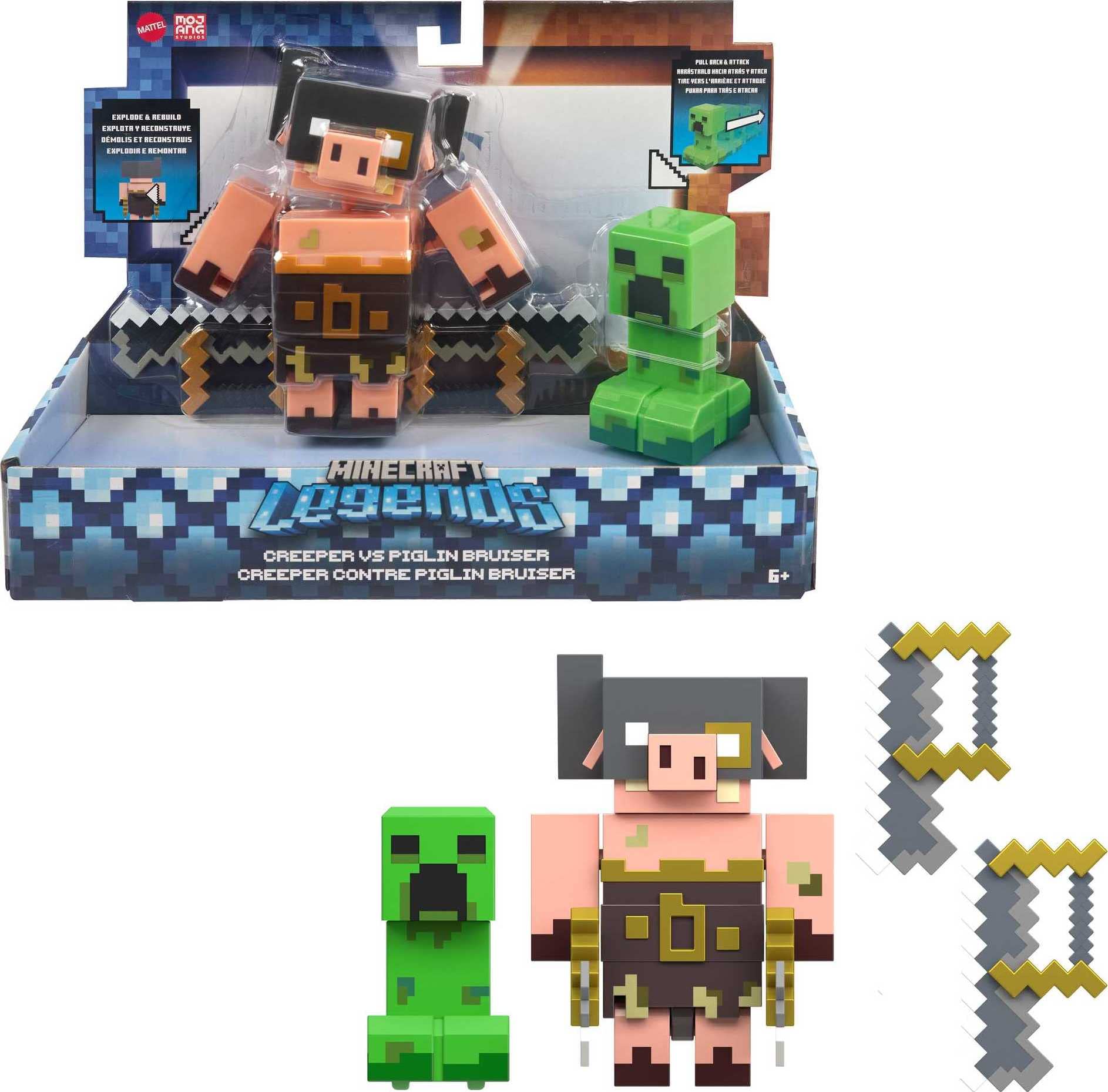 Pacote Com 2 Bonecos De Ação Mattel Minecraft Legends Creeper Vs Piglin