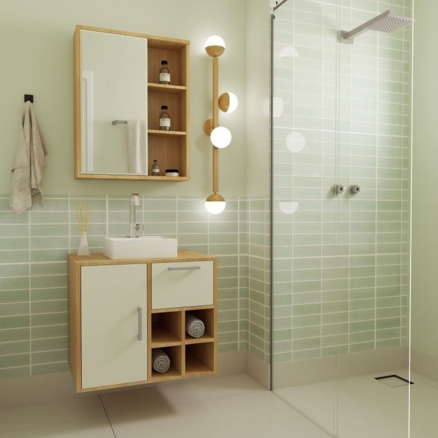 Gabinete De Banheiro Suspenso 68cm Com Balcão 1 Porta 1 Gaveta E Espelheira Com Cuba Br Mel/arenas