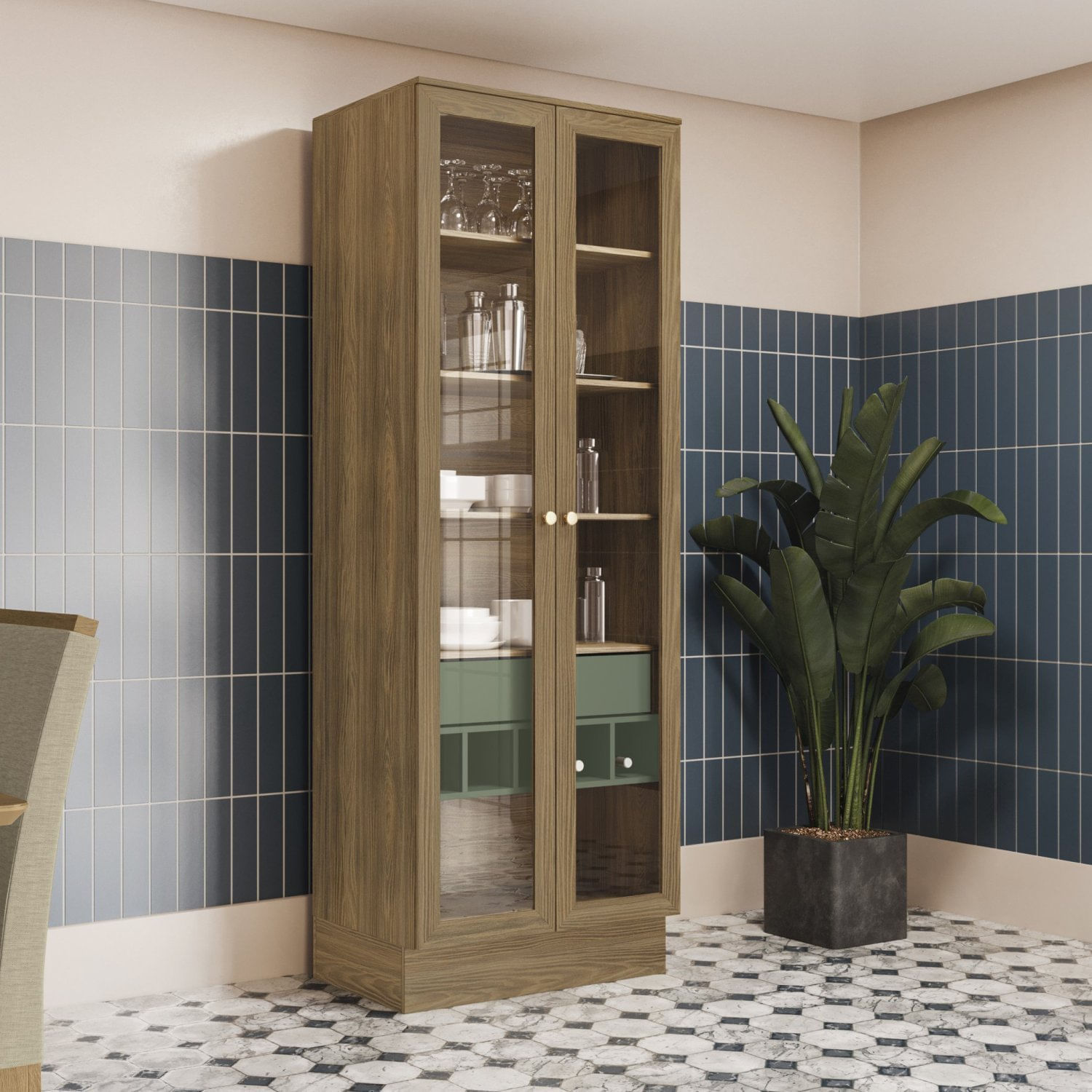 Cristaleira 80cm 2 Portas 1 Gaveta Nogueira/verde Oliva