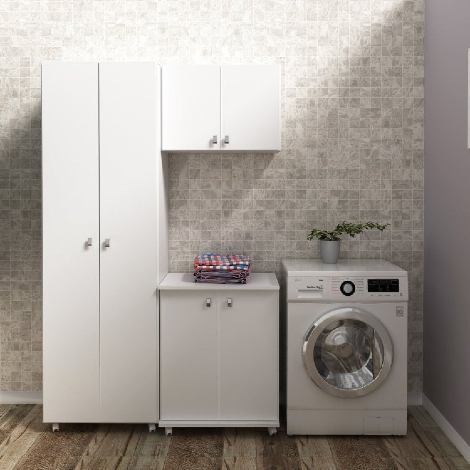 Conjunto Lavanderia Multiuso 3 Peças 1 Armário Multiuso 1 Balcão 1 Armário Aéreo Am3104 Tecno Mobili