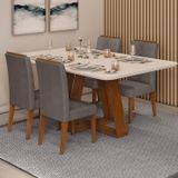 Conjunto Sala De Jantar Mesa Kiara 160x90cm Tampo Vidro/mdf Com 4 Cadeiras Yasmin Freijó/off White/veludo Lunar