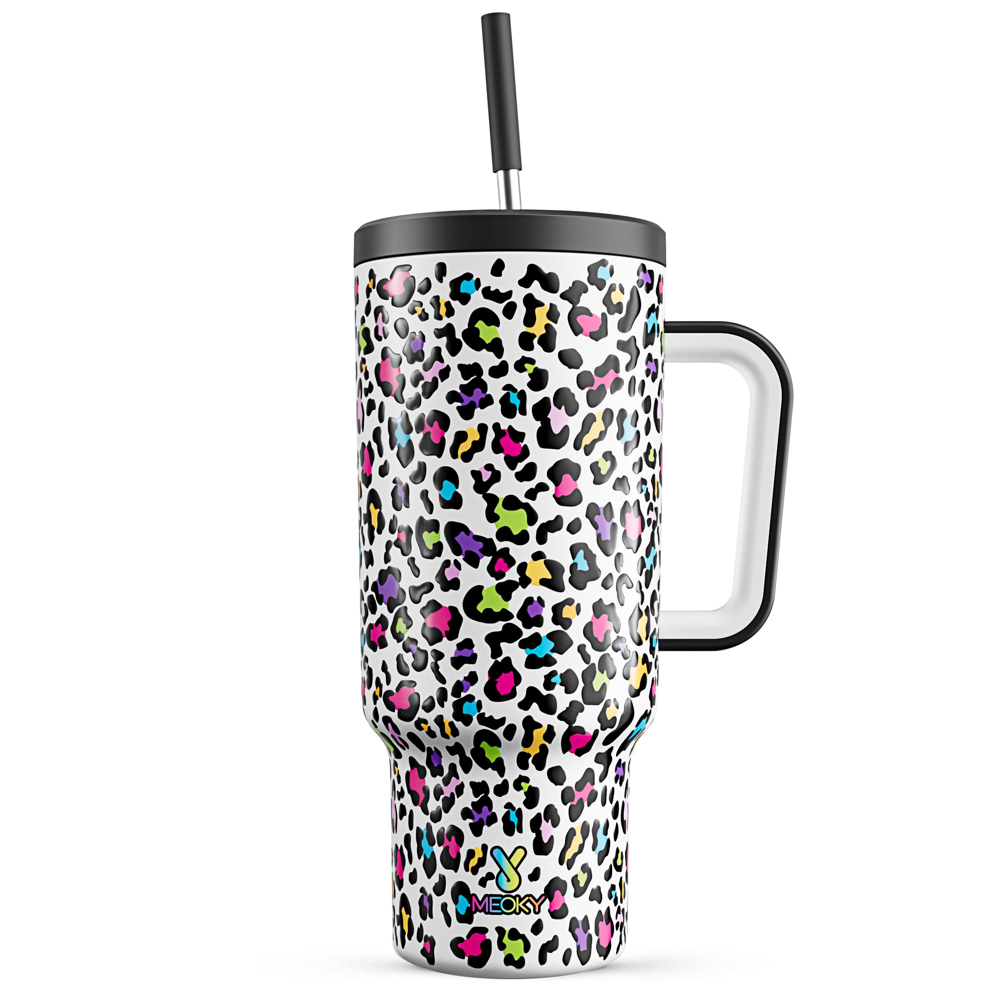 Copo Meoky 1183 Ml Com Alça E Palha De Aço Inoxidável Neon