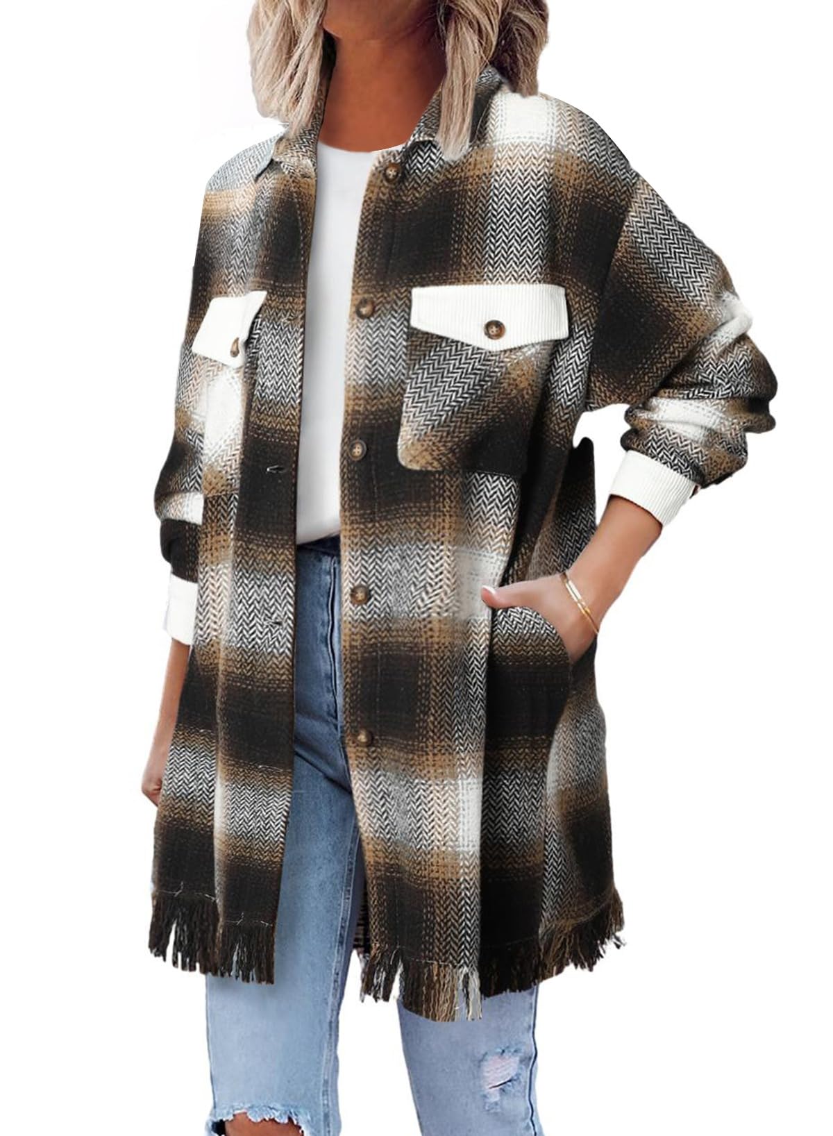 Shacket Shewin, Casual, Xadrez, Manga Comprida, Preta, Marrom