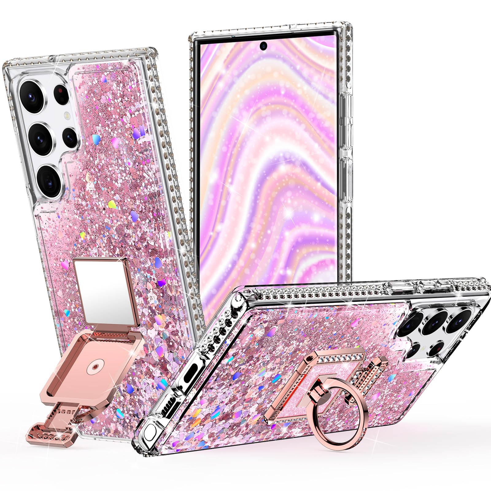 Capa Prateada Para Samsung Galaxy S22 Ultra Com Suporte Rosa