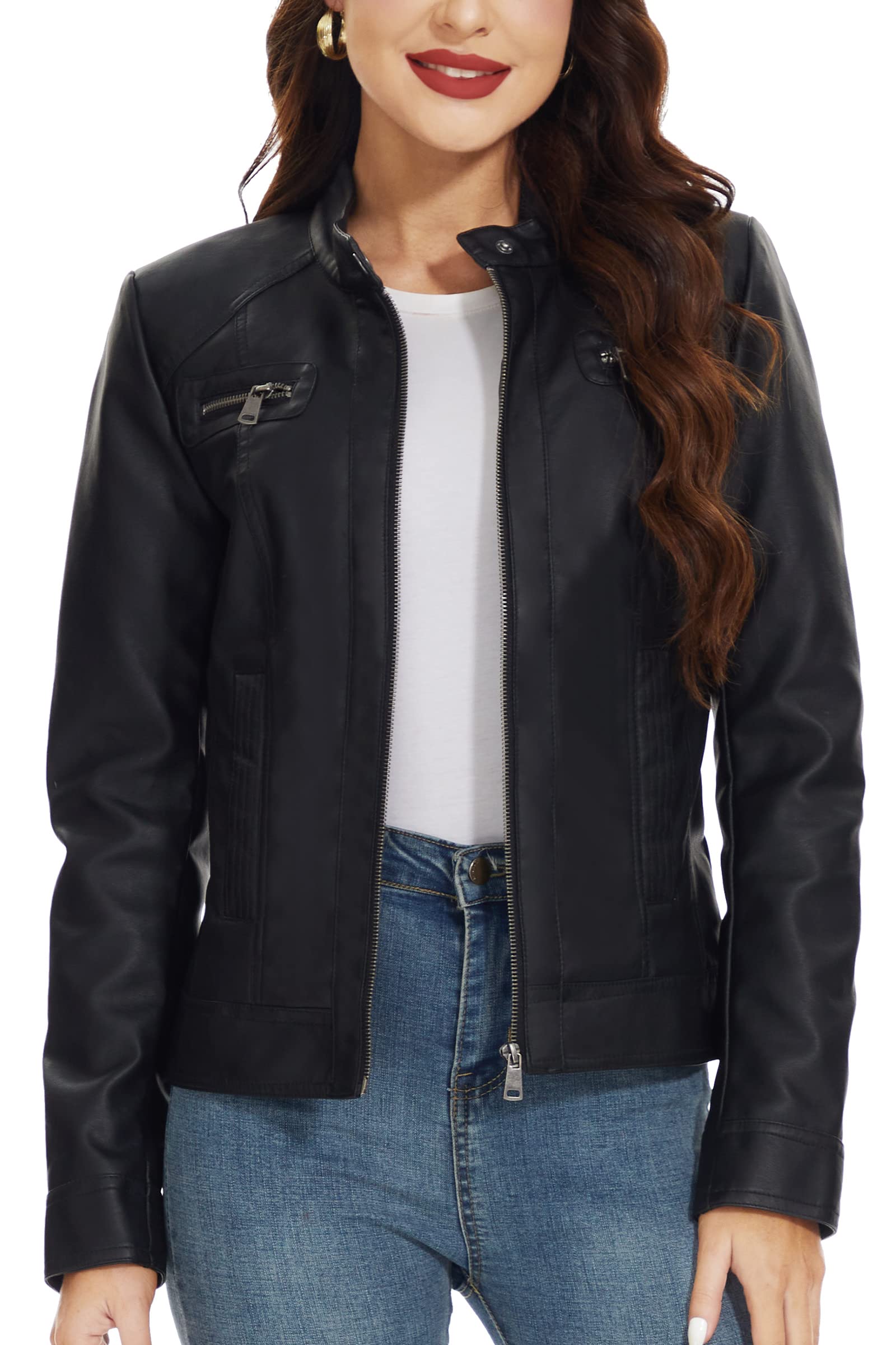 Jaqueta De Couro Sintético Fahsyee Para Mulheres Preta Tamanho M