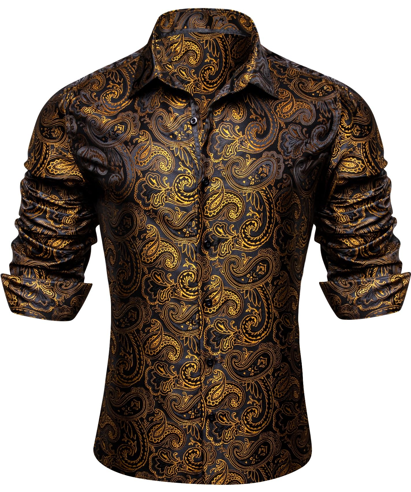 Camisa Masculina Yohowa Paisley Floral Silk Business Casual Preta