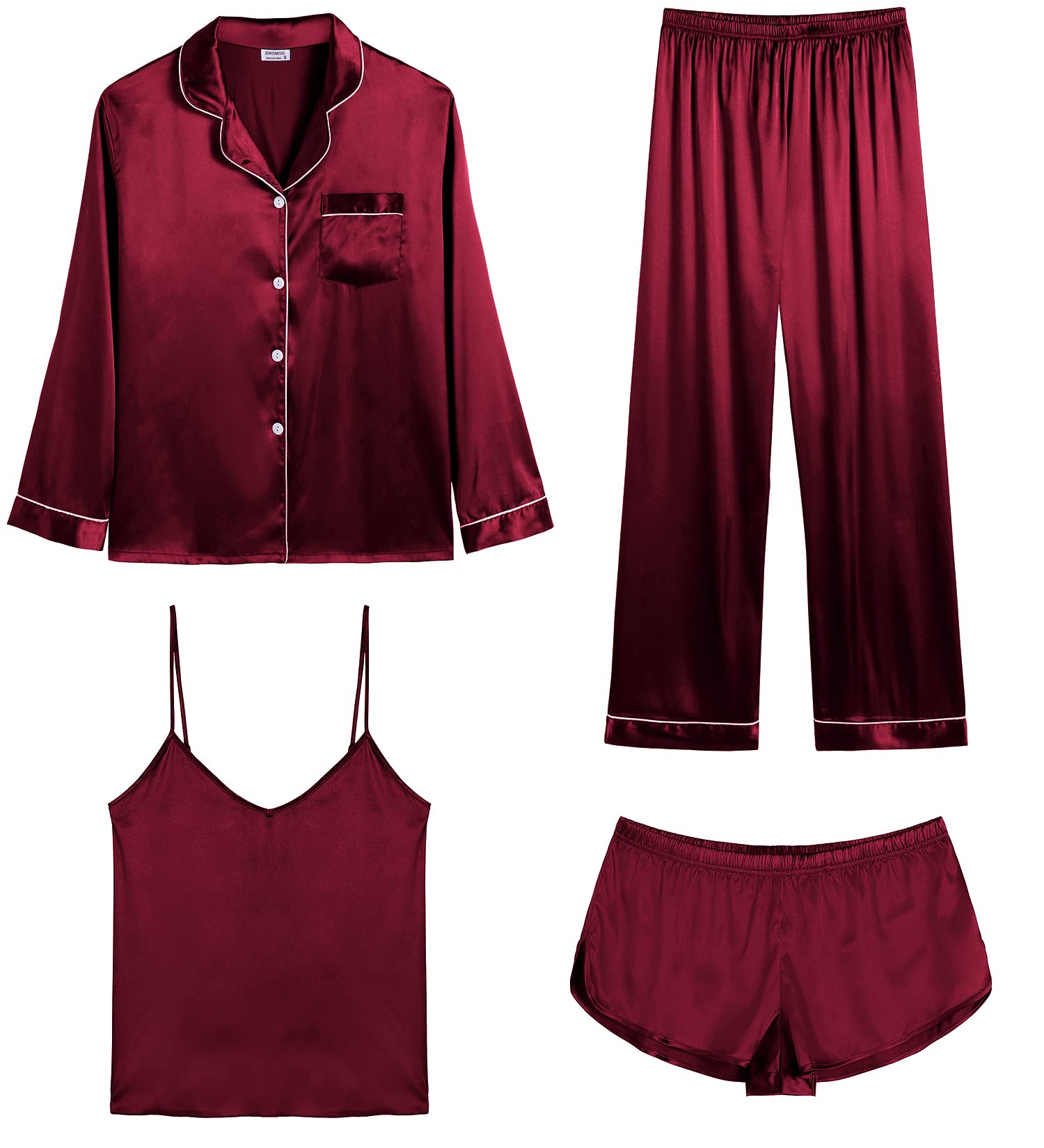 Conjunto De Pijama Feminino Swomog Satin, 4 Peças De Vinho Tinto Tamanho S