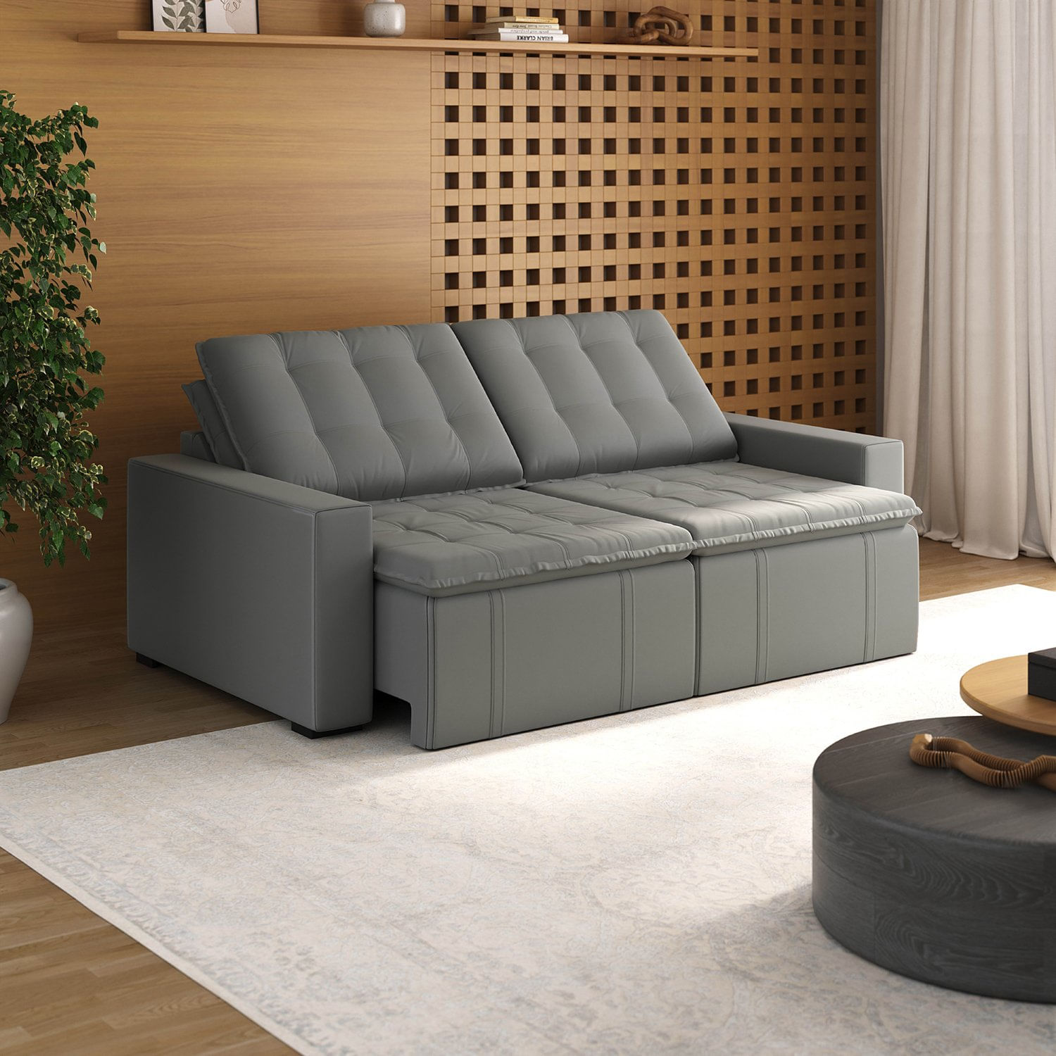 Sofá Cama Retrátil E Reclinável 3 Lugares 220cm Em Veludo Palmeira Cabecasa Madeiramadeira Cinza