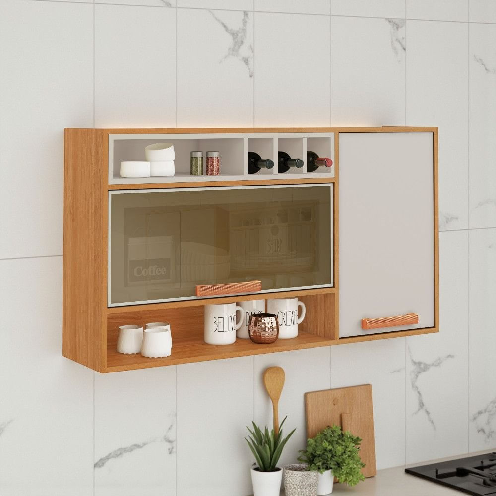 Armário Aéreo 2 Portas 120cm Vidro Reflecta Nicho Garrafeiro Nápoles Cinamomo/off White