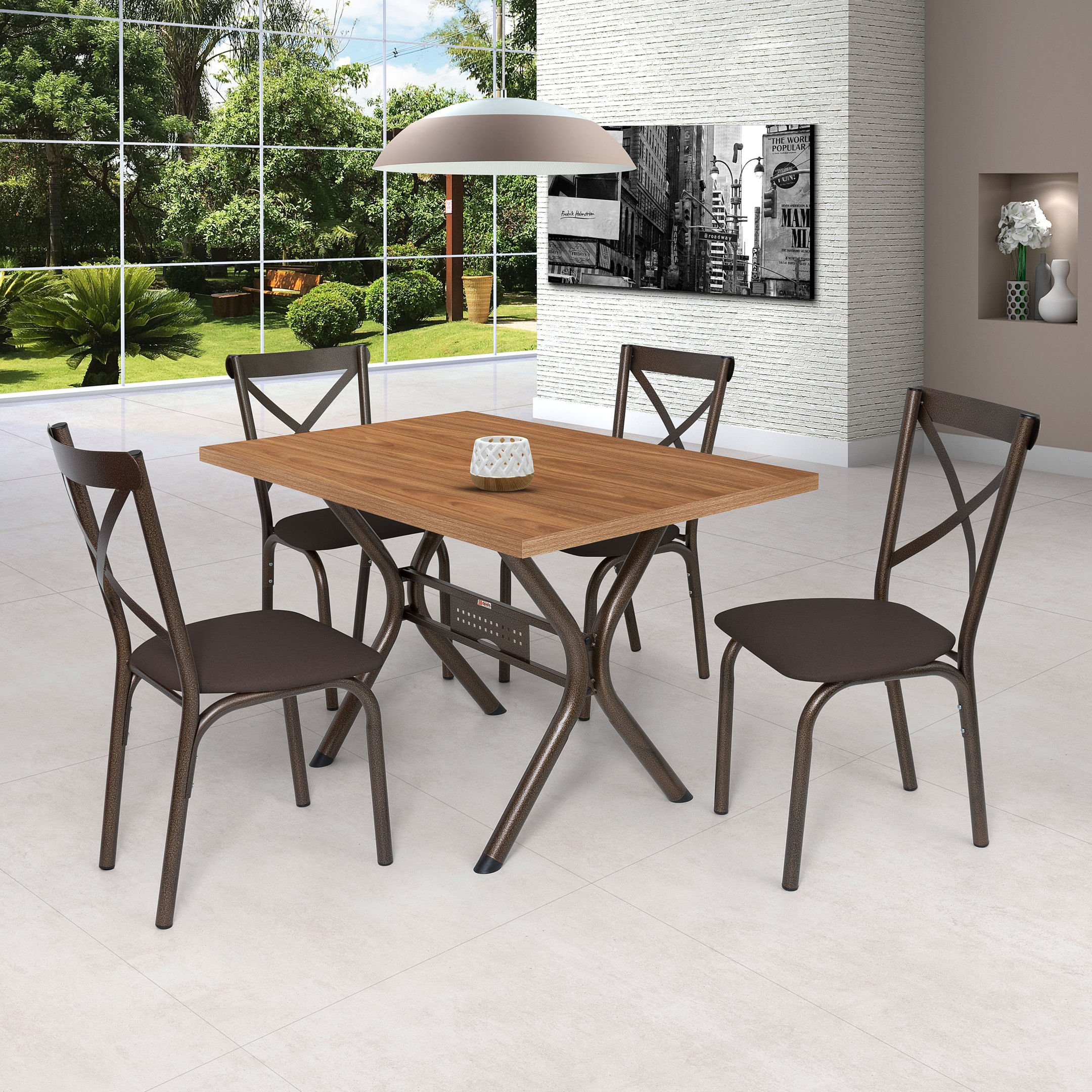 Conjunto Mesa 120x80cm Tampo Mdp Com 4 Cadeiras Karina X Ciplafe Bronze/linho Marrom