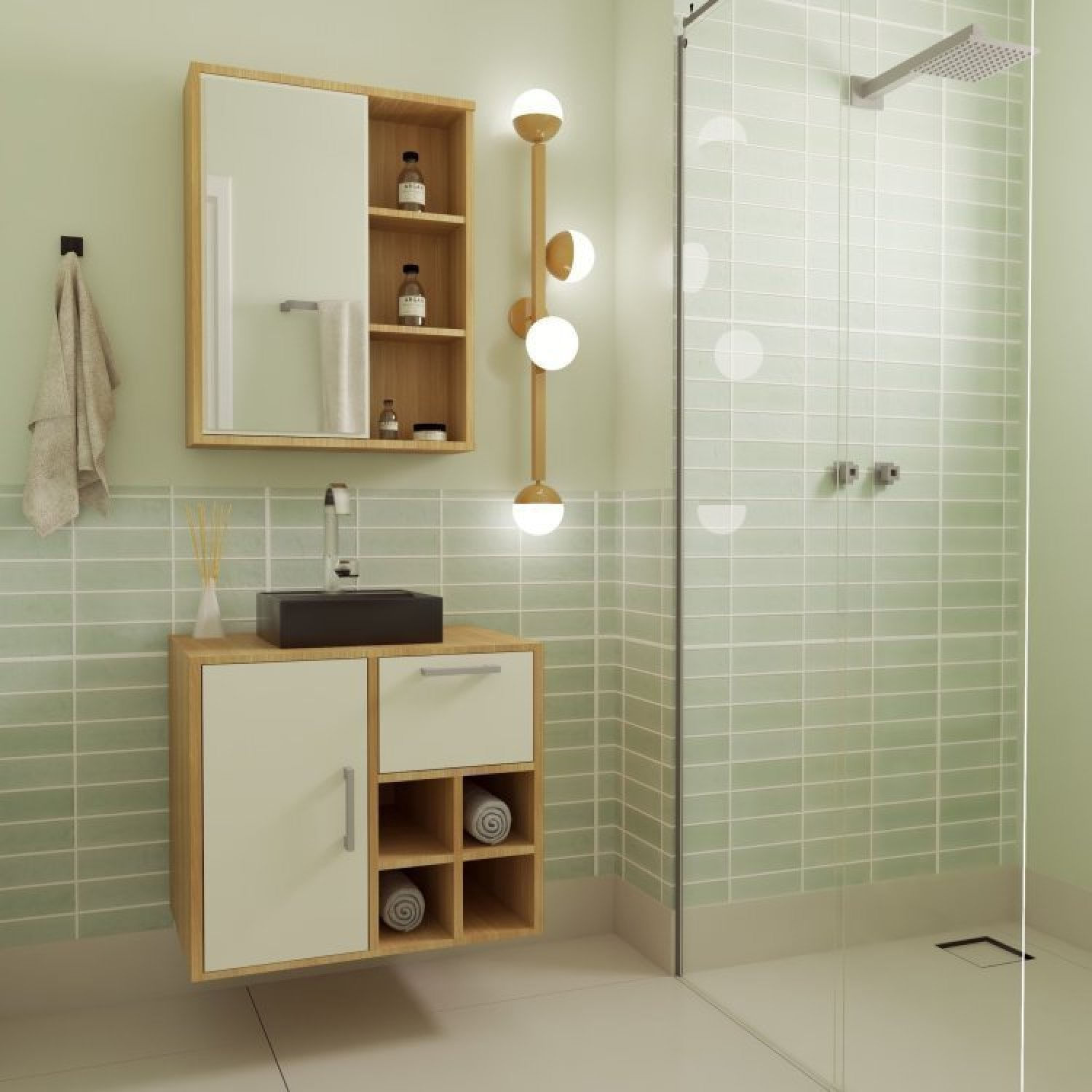 Gabinete De Banheiro Suspenso 68cm Eduarda 1 Porta 1 Gaveta E Nicho Aberto Com Cuba Preta Mel/arenas