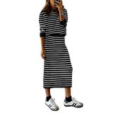 Conjunto De Suéter Prettygarden, Saia Midi Feminina Com Listras Pretas