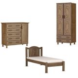 Conjunto Quarto Solteiro Guarda-roupa Multiuso 2 Portas, Cômoda Sapateira, Cama Madeira Pinus Imbuia - Cavazotto