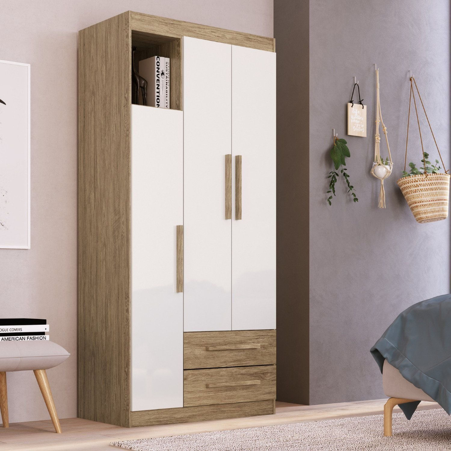 Guarda-roupa Solteiro 3 Portas 2 Gavetas Wood/branco