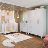 Quarto de Bebê Completo com Guarda-Roupa, Cômoda e Berço 100% MDF Jolie Retrô Espresso Móveis Branco/Brilho