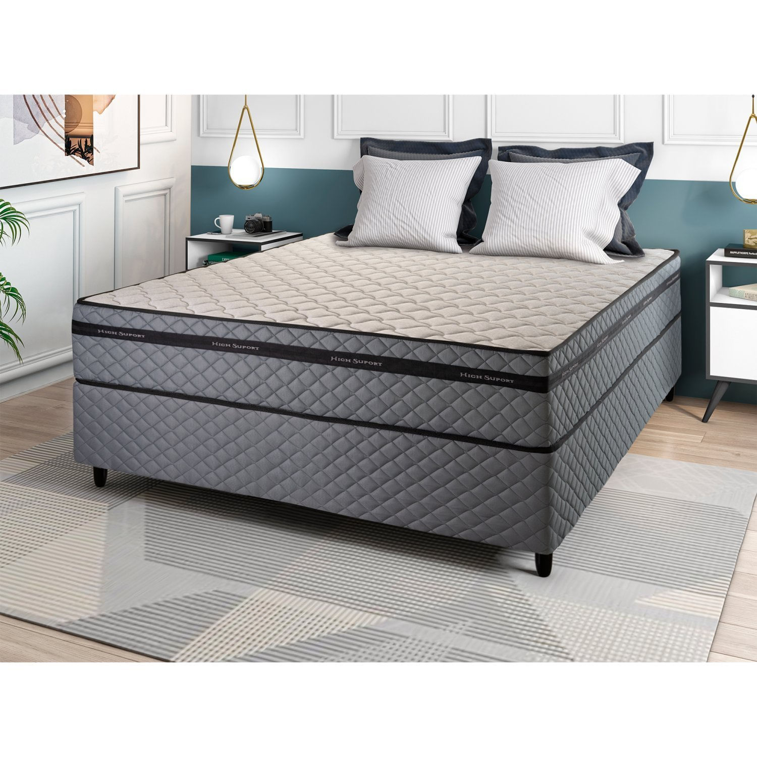 Cama Box Casal Com Base Sommier 138x188x64cm Fenix Special Hellen Colchões Cinza