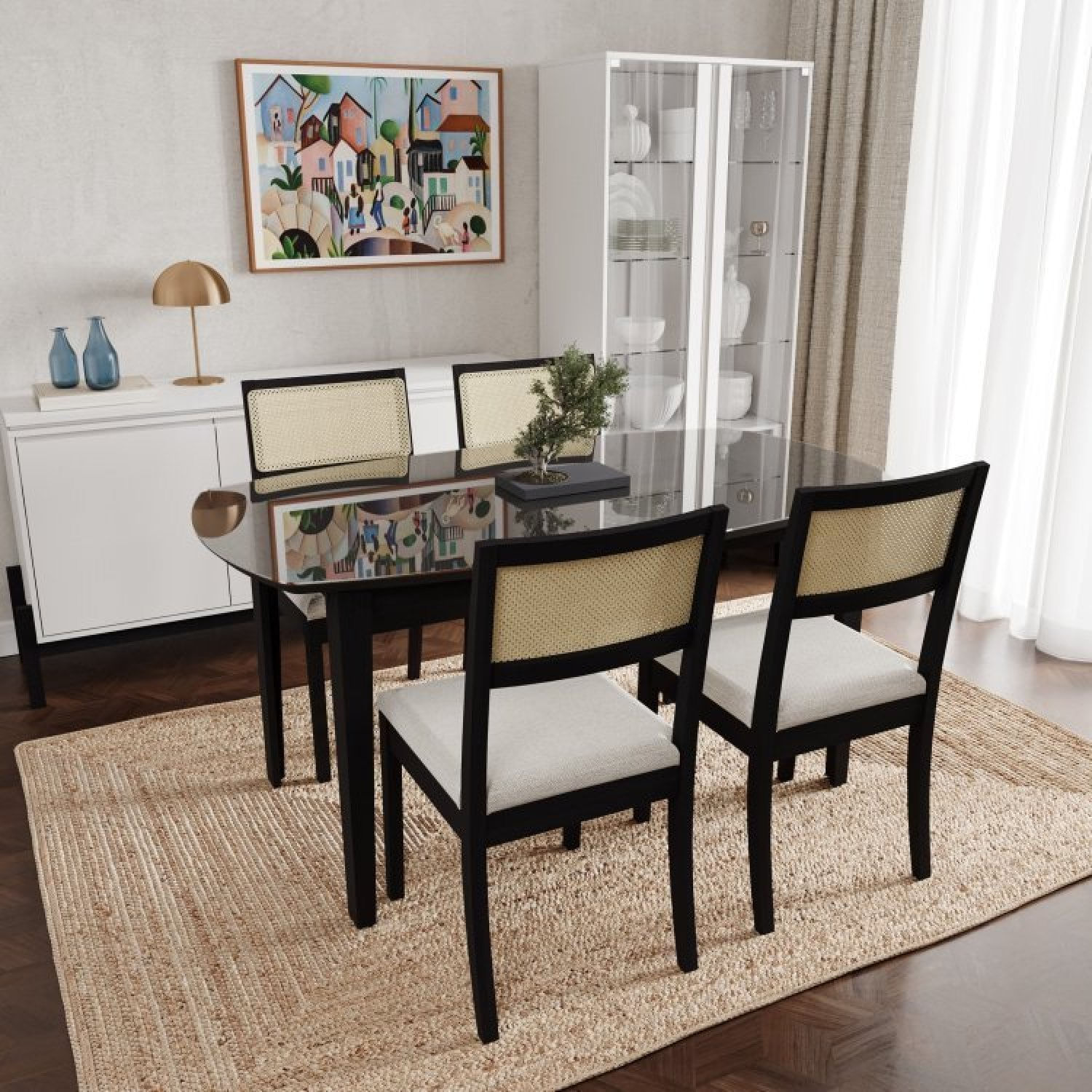 Conjunto Mesa De Jantar Tampo Vidro E Mdf 1,60m E 4 Cadeiras Tiê Cabecasa Madeiramadeira