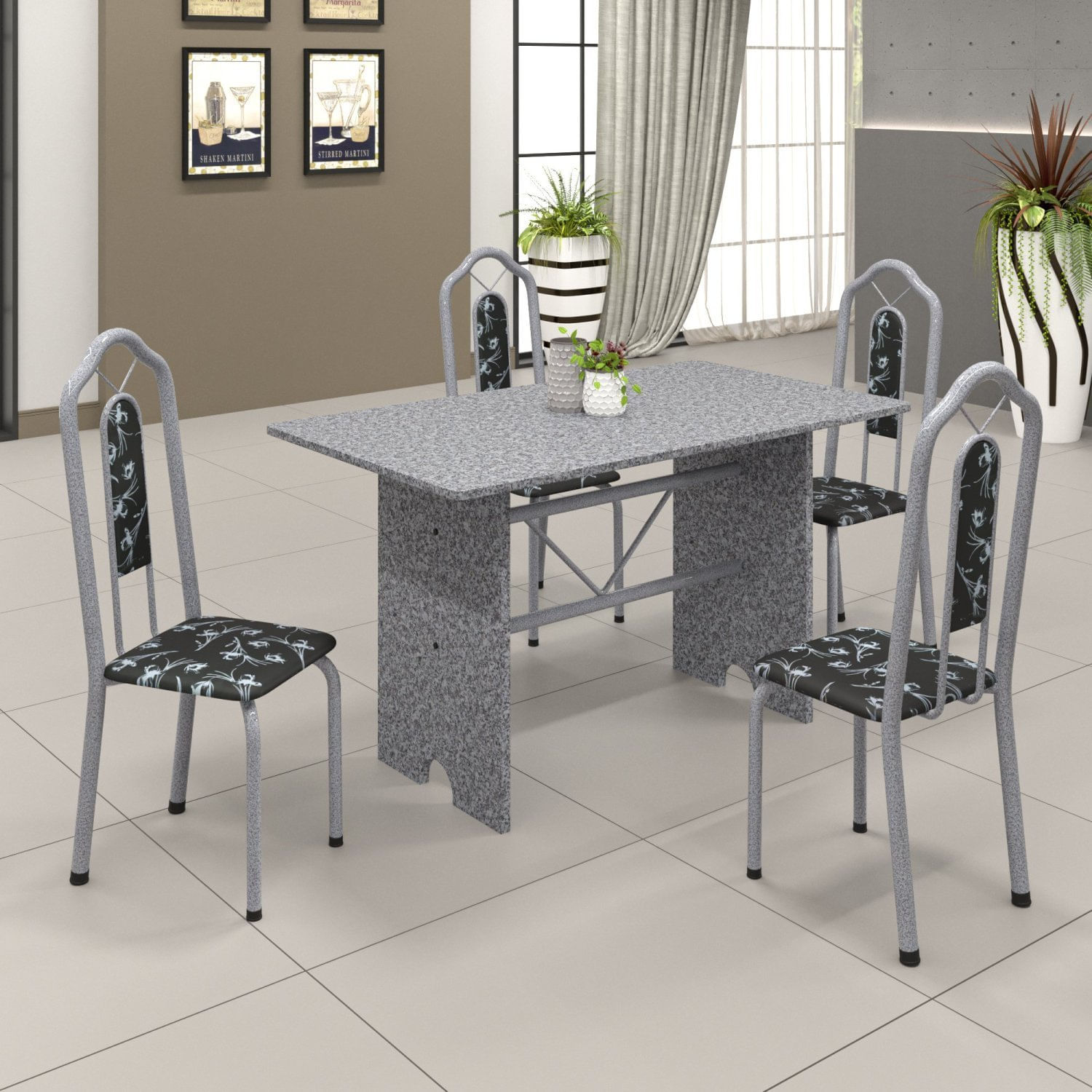 Conjunto De Mesa 120x75cm Tampo Granito Com 4 Cadeiras Bianca Soma Móveis Martelado Pérola/granito Ocre/preto Floral