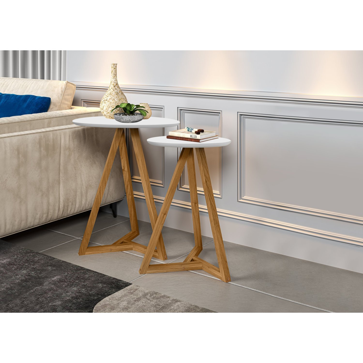 Kit 2 Mesas Laterais Classic Tebarrot Branco/amêndoa