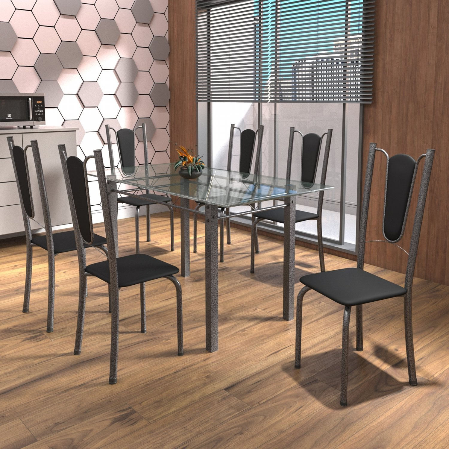 Conjunto De Mesa Tubular 6 Cadeiras 140cm Com Tampo De Vidro Melissa Soma Móveis Preto/prata