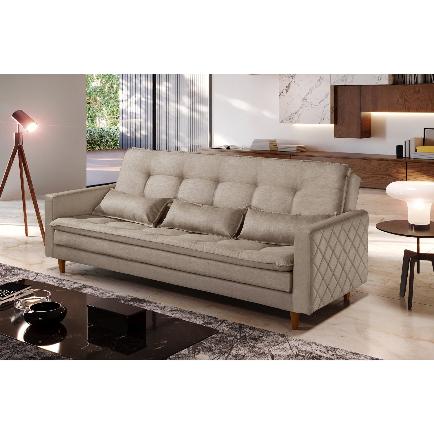 Sofá Cama 03 Lugares Reclinável Luxury Estofados Cru/bege