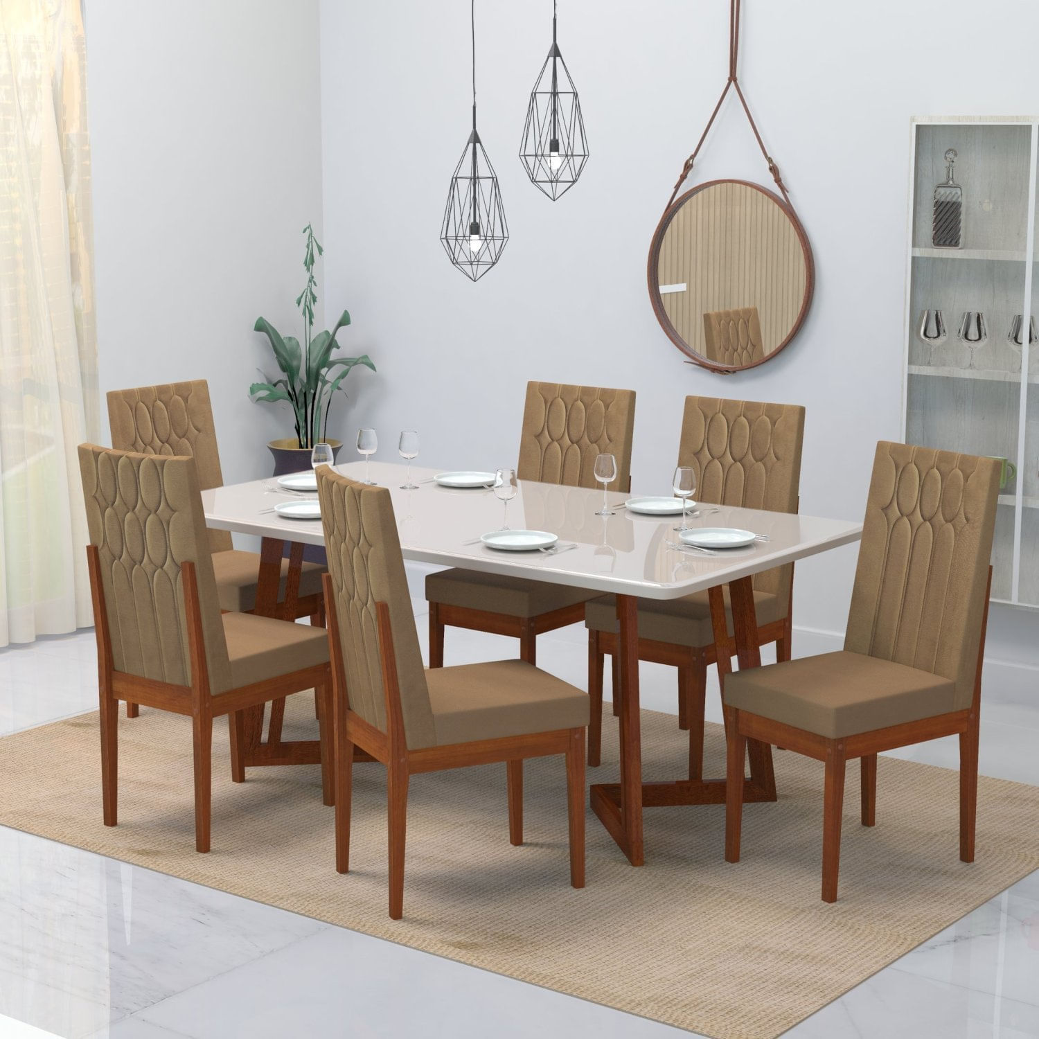 Conjunto Sala De Jantar 6 Lugares Madeira Eucalipto Safira Móveis Meneghetti Caramelo/chocolate