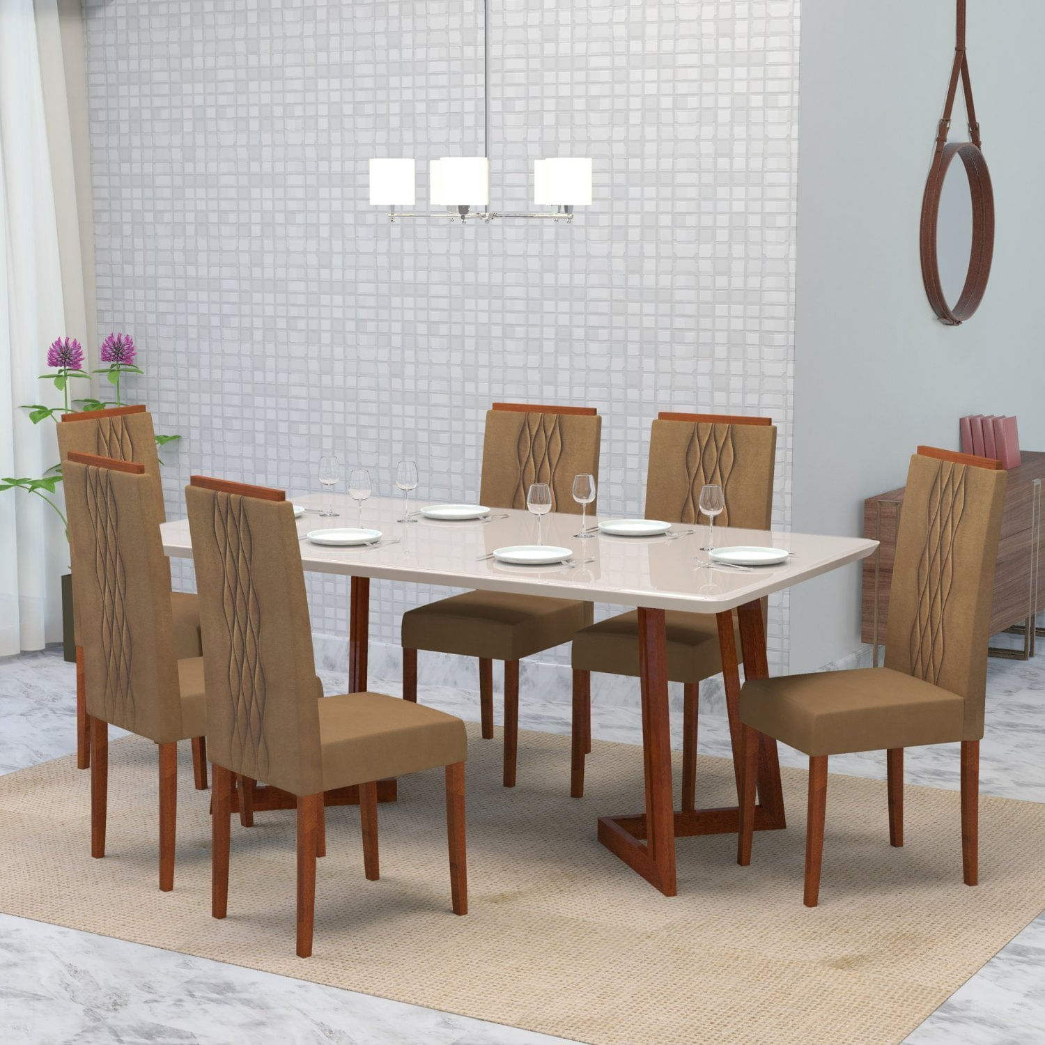 Conjunto Sala De Jantar 6 Lugares Madeira Eucalipto Ametista Móveis Meneghetti Caramelo/chocolate