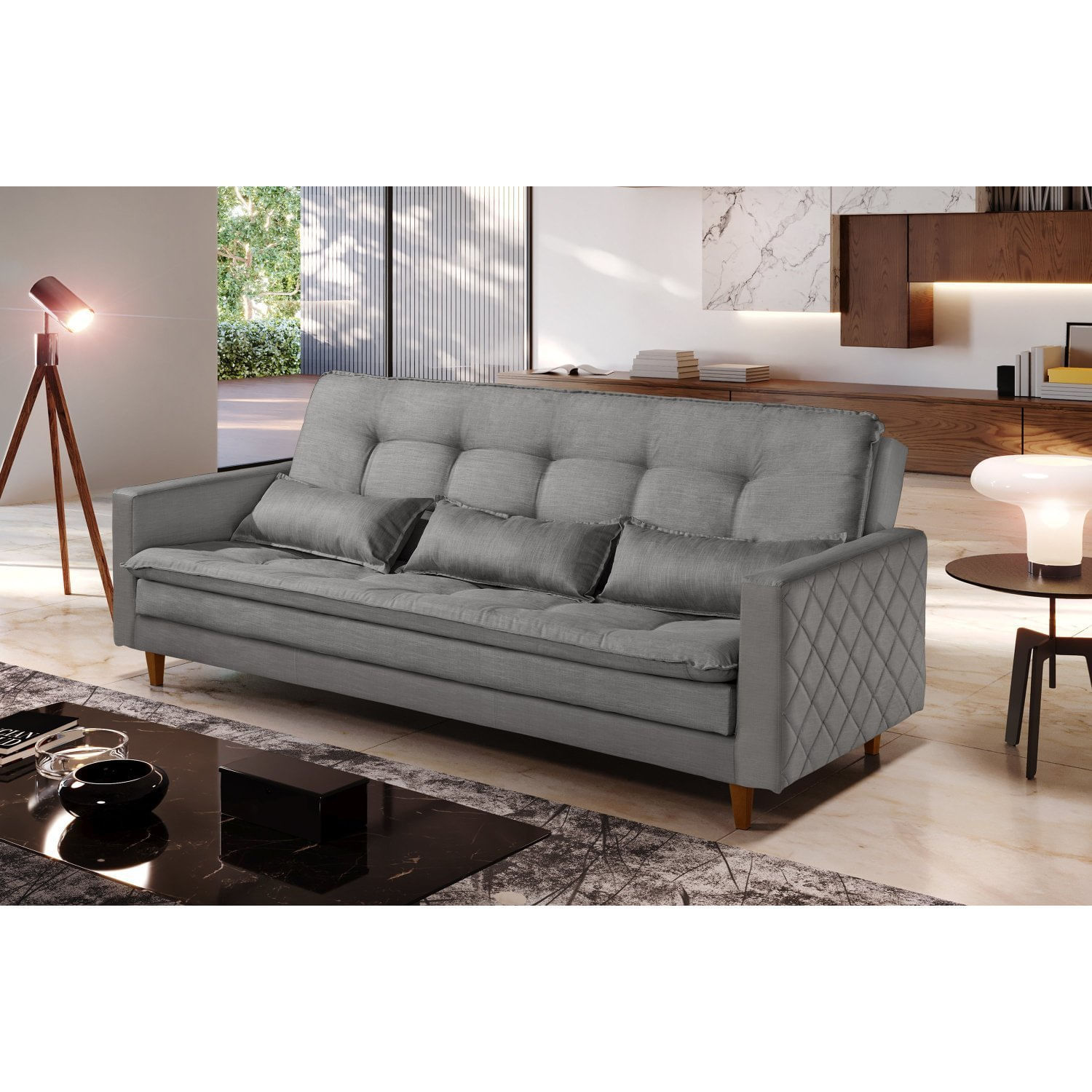 Sofá Cama 03 Lugares Reclinável Luxury Estofados Cinza Claro
