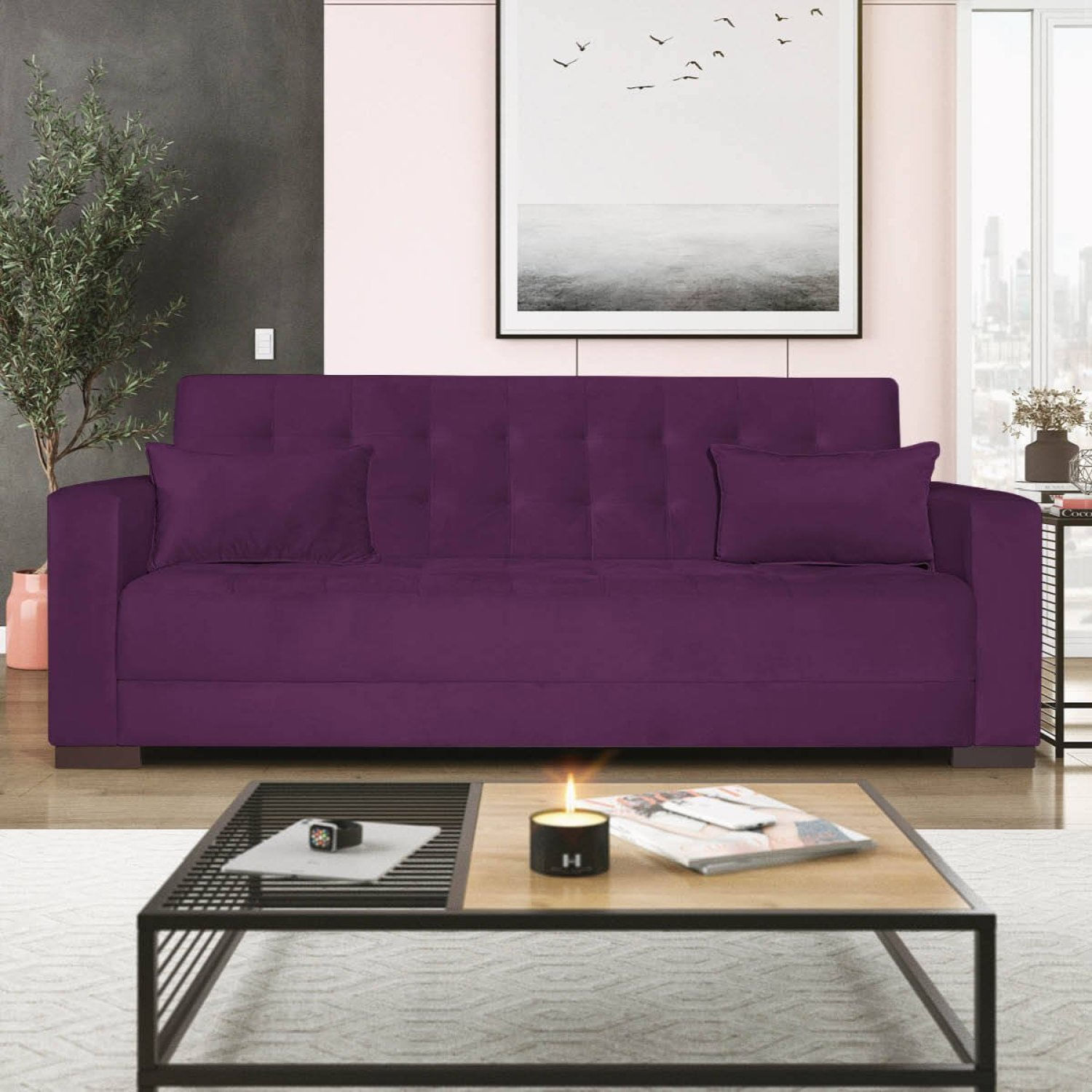 Sofá Cama 3 Lugares Suede Ipanema Roxo