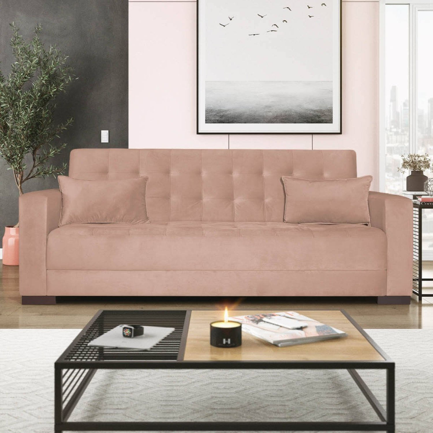 Sofá Cama 3 Lugares Suede Ipanema Rosê