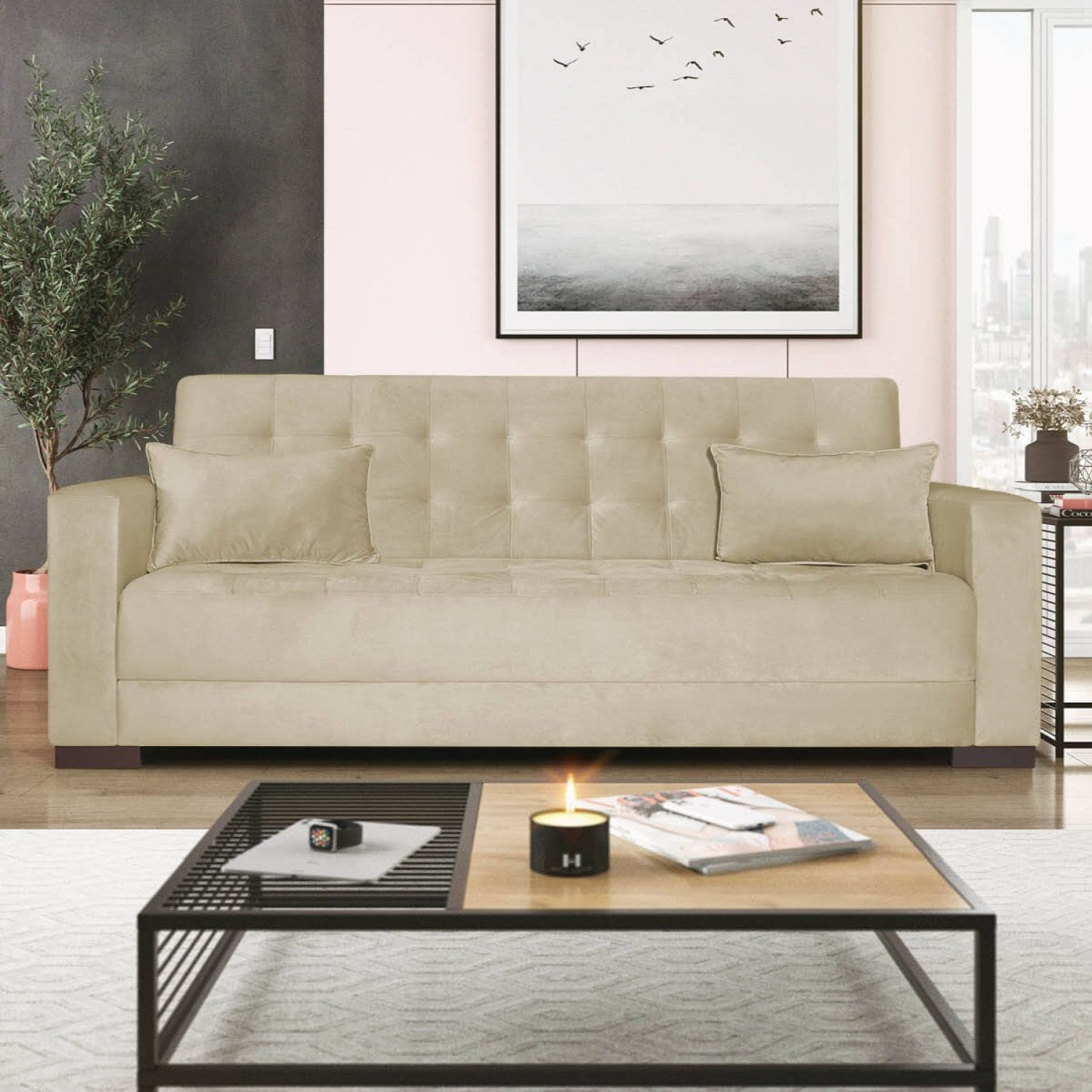 Sofá Cama 3 Lugares Linho Ipanema Bege