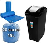 Lixeira 15l Tampa Basculante Preta + 20un Saco De Lixo Azul