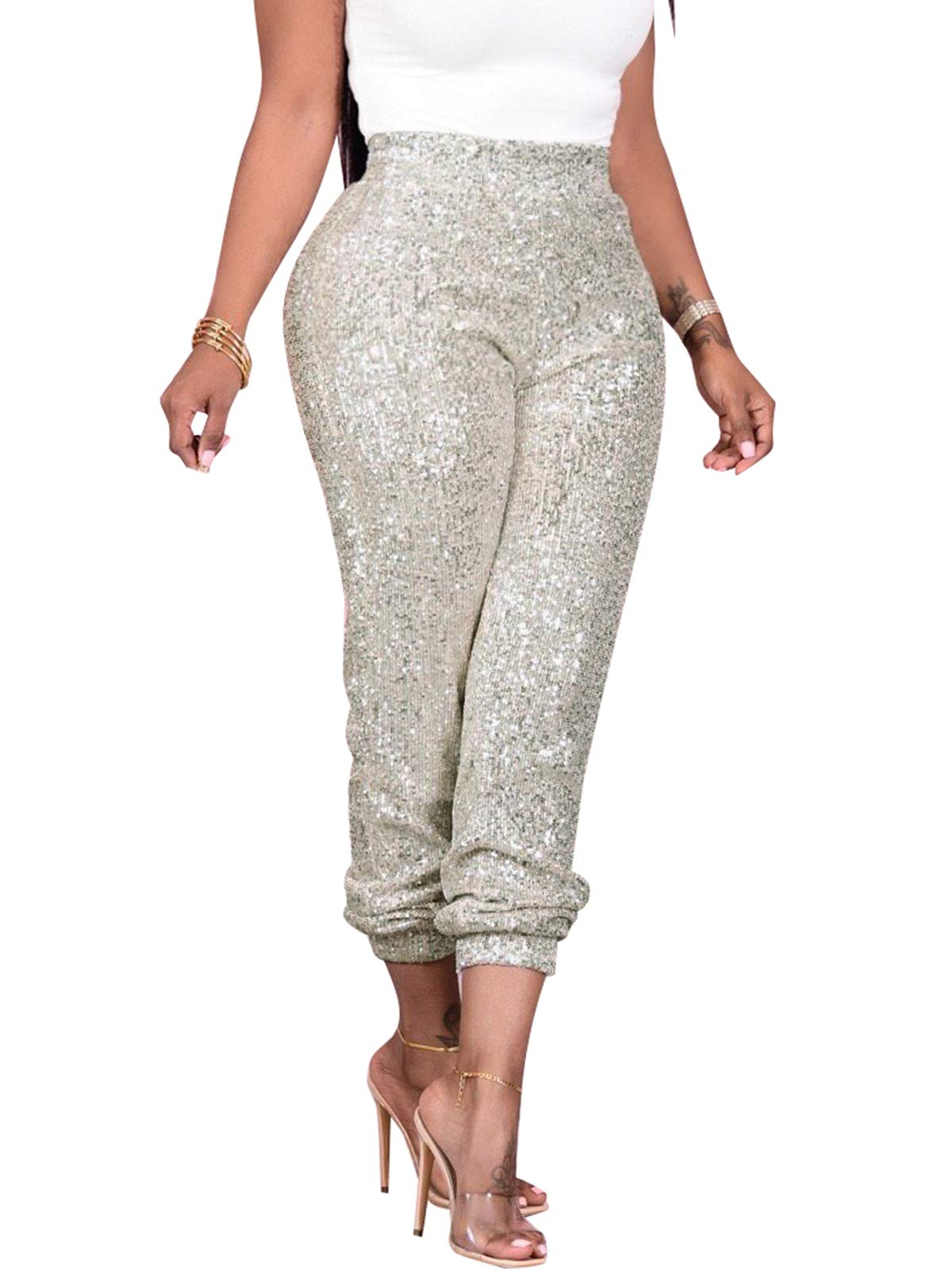 Calças De Ioga Itnpbwus Femininas Disco Glitter Sequin Silver Xl