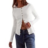Camisa De Cardigã Feminina Wefebi, Justa, Canelada, Branca