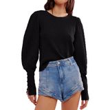 Moletom Feminino Dongfeng Waffle Knit Puff De Manga Comprida Preto