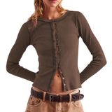 Camisa De Cardigã Feminina Wefebi, Justa, Canelada, Café